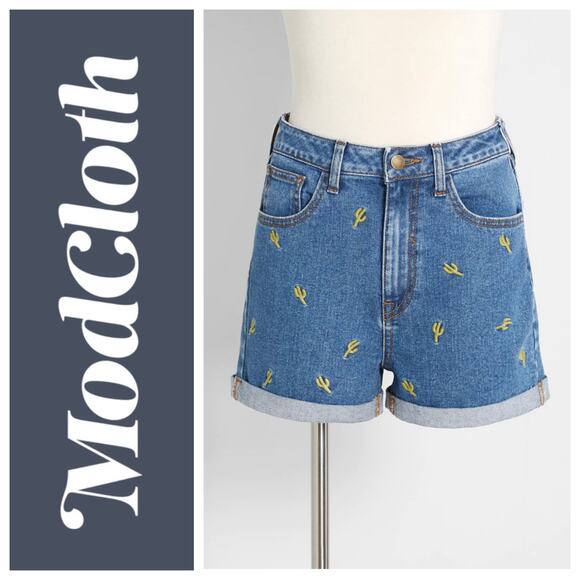 Modcloth Pants - NEW Modcloth Cactus Embroidered Prickle My Fancy High Rise Jean Shorts Size 28